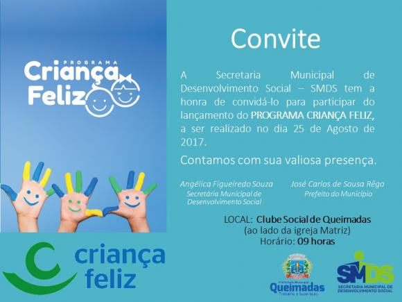Secretaria de Desenvolvimento Social de Queimadas lança o Programa Criança Feliz nesta sexta-feira e 150 famílias serão beneficiadas
