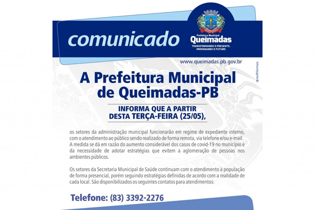 Comunicado: Prefeitura de Queimadas informa sobre novas estratégias de atendimento ao público