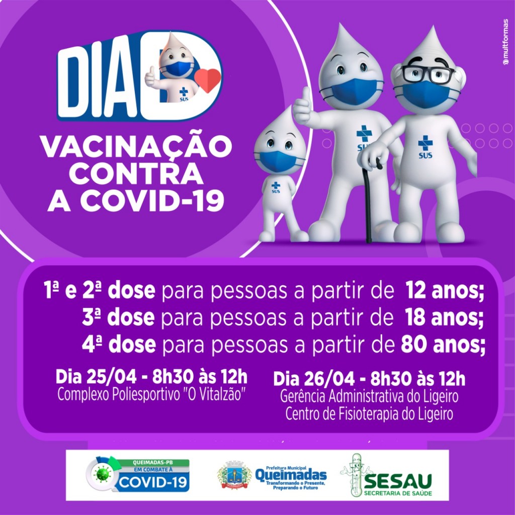 Município de Queimadas realiza Dia D de vacinação contra a covid-19 nos dias 25 e 26 de abril