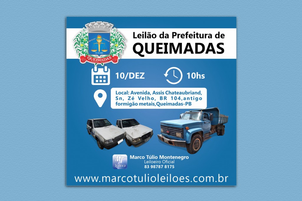 Prefeitura de Queimadas realizará leilão de veículos, máquinas e materiais inservíveis