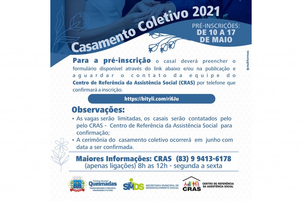 Prefeitura de Queimadas inicia pré-inscrições para casamento coletivo