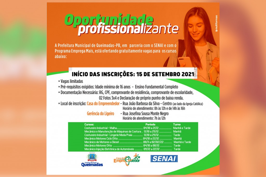 Prefeitura de Queimadas oferta mais de 140 vagas em cursos de capacitação para pessoas desempregadas