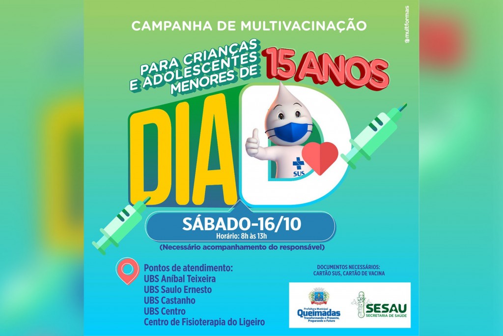 Dia D da campanha de multivacinação para crianças e adolescentes acontece neste sábado em Queimadas-PB