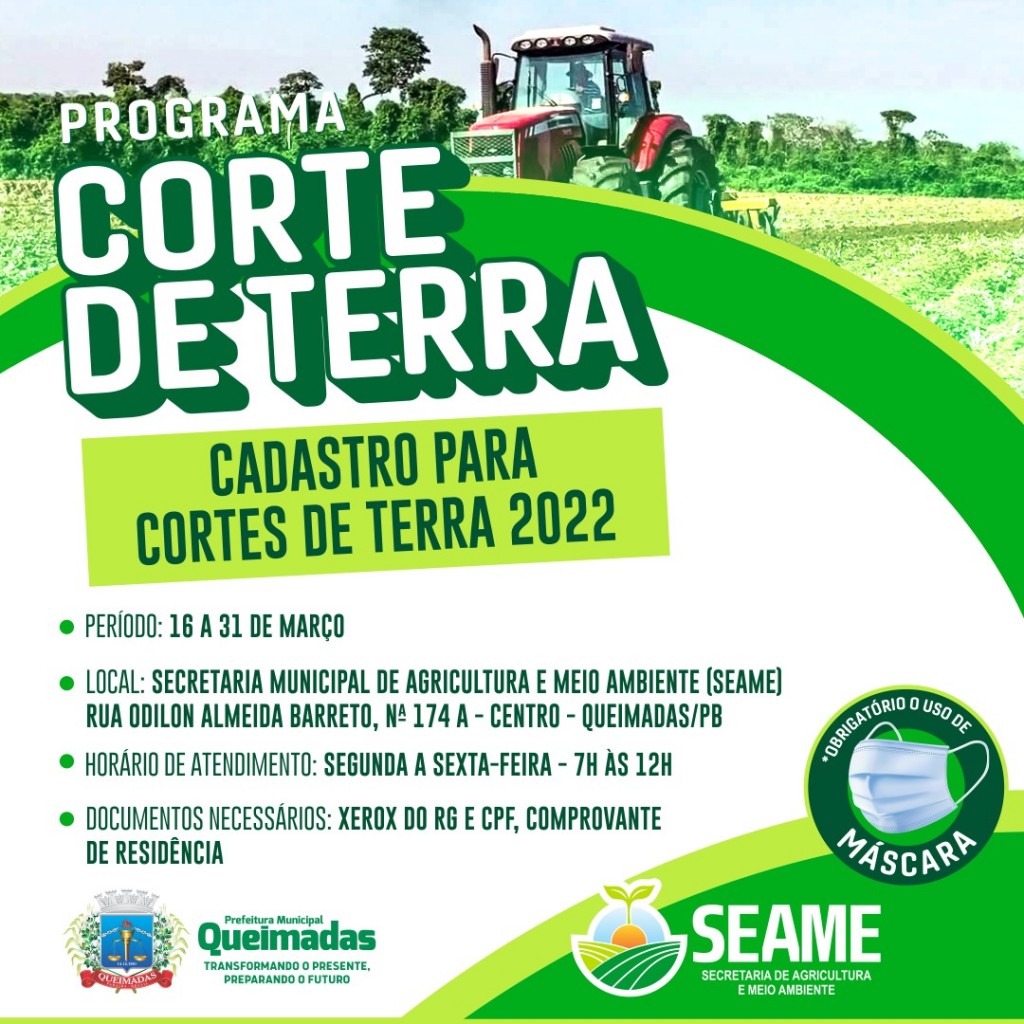 Secretaria de Agricultura inicia cadastro para cortes de terra