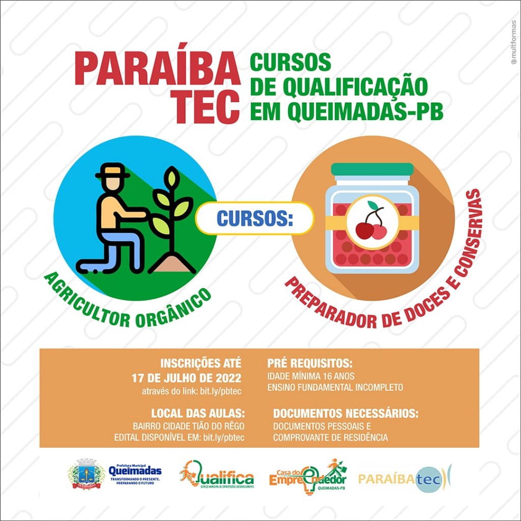 ParaíbaTEC oferta vagas para cursos profissionalizantes em Queimadas-PB