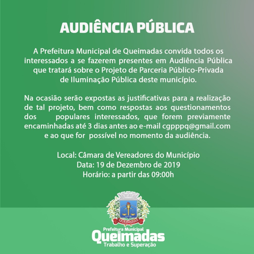 Comunicado: Audiência Pública sobre Parceria Público-Privada de Iluminação Pública