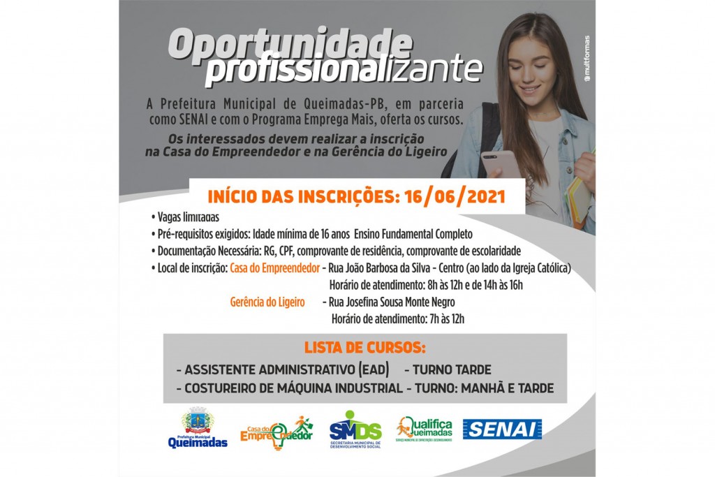 Prefeitura de Queimadas oferta novas vagas para cursos de capacitação