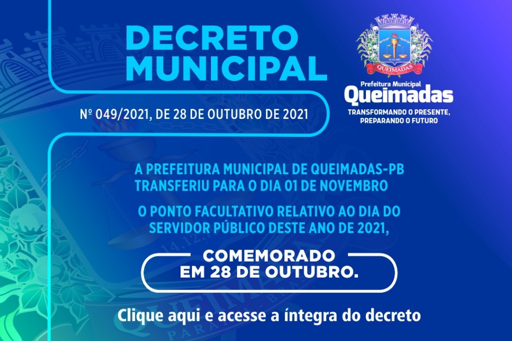 Prefeitura de Queimadas transfere ponto facultativo do Dia do Servidor Público para 01 de novembro