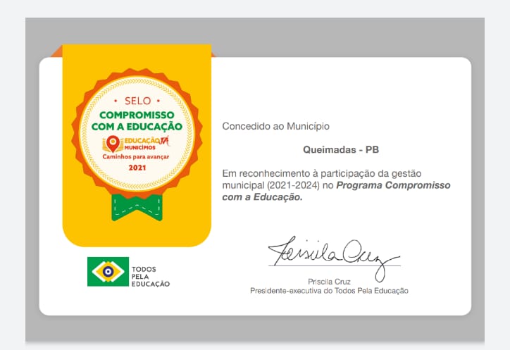 Município de Queimadas recebe o Selo Compromisso com a Educação